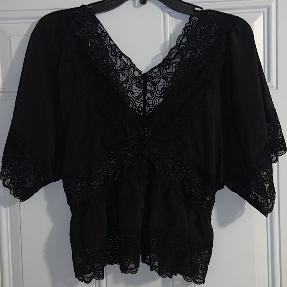 Black Lace Button Front Top